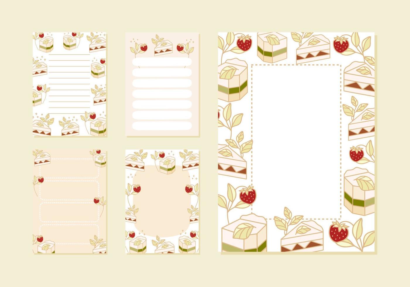 Collection of daily or weekly planner, note paper, to do list, wishlist, organizer templates decorated with cute strawberry cake illustrations vector