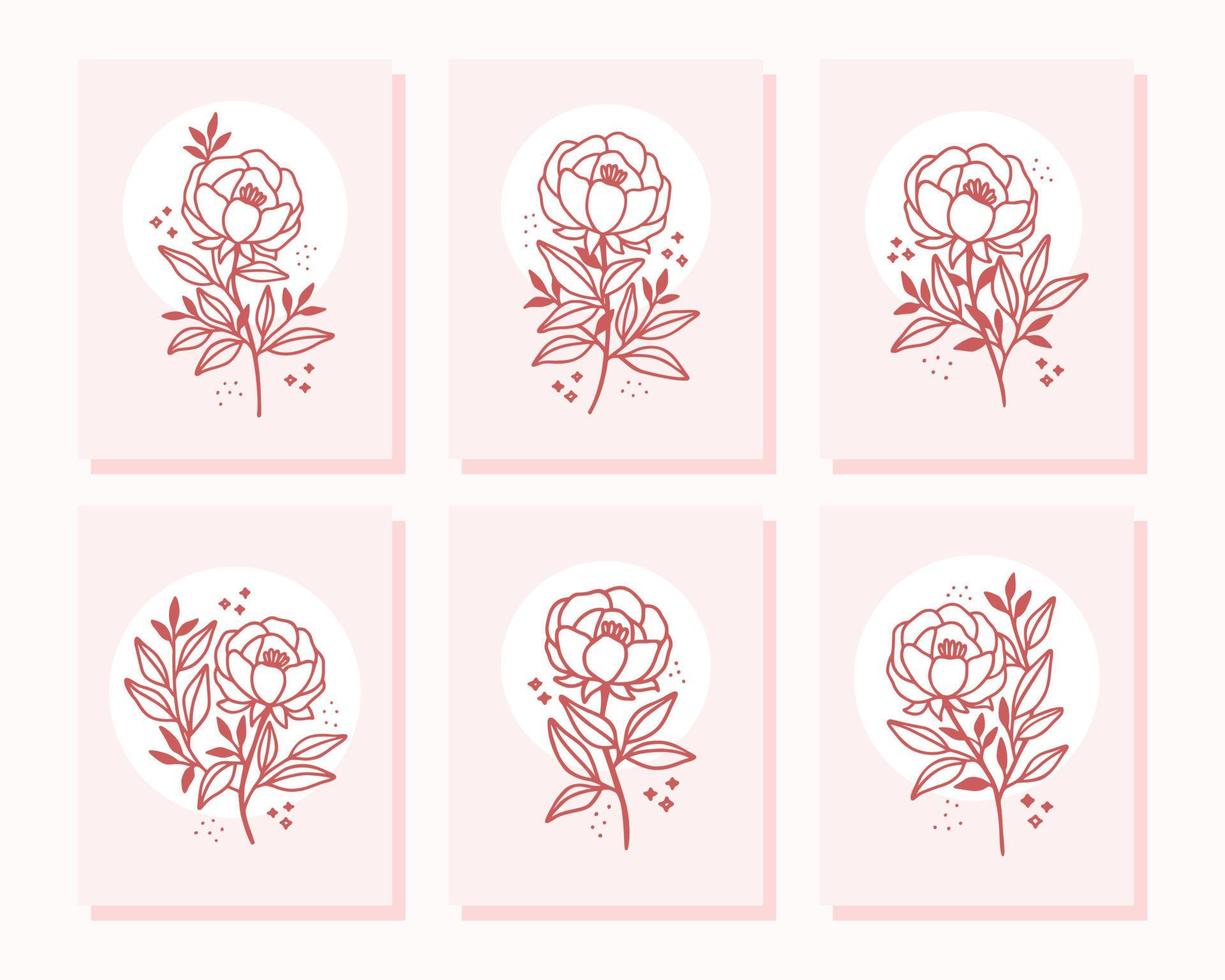 Collection of vintage romantic card templates with rose and peony flowers vector