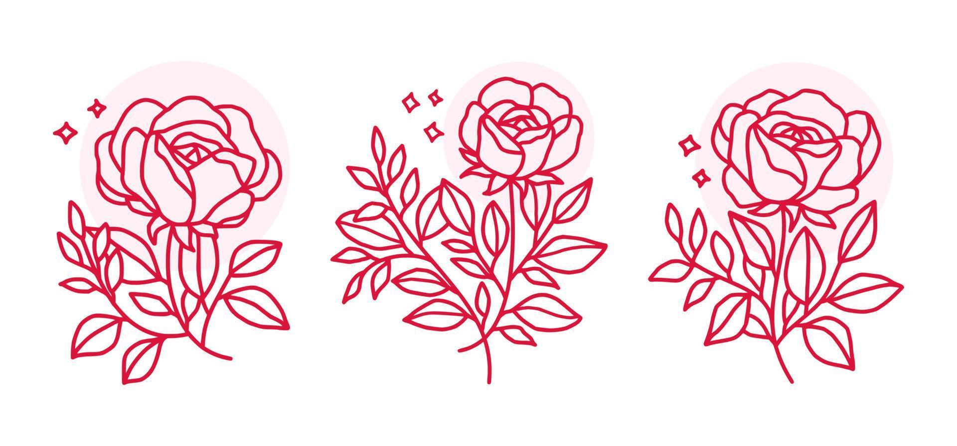 Conjunto de elementos florales y vegetales lineales vintage dibujados a mano para logotipo o decoración vector