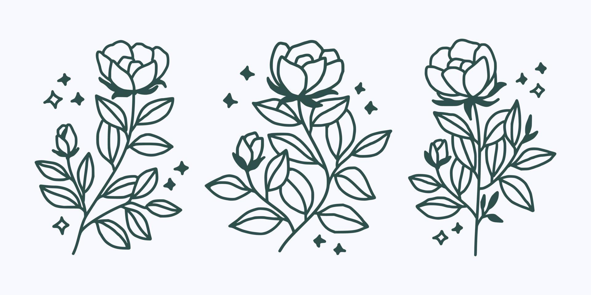 Set of hand drawn vintage linear flower and plant elements for logo or decoration vector