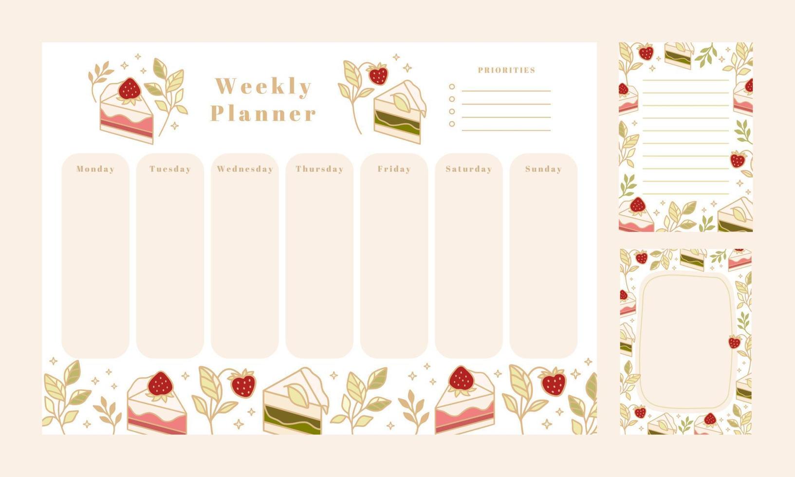 Set of weekly planner, daily to do list, notepad templates, school scheduler with hand drawn cake, floral, and strawberry elements vector