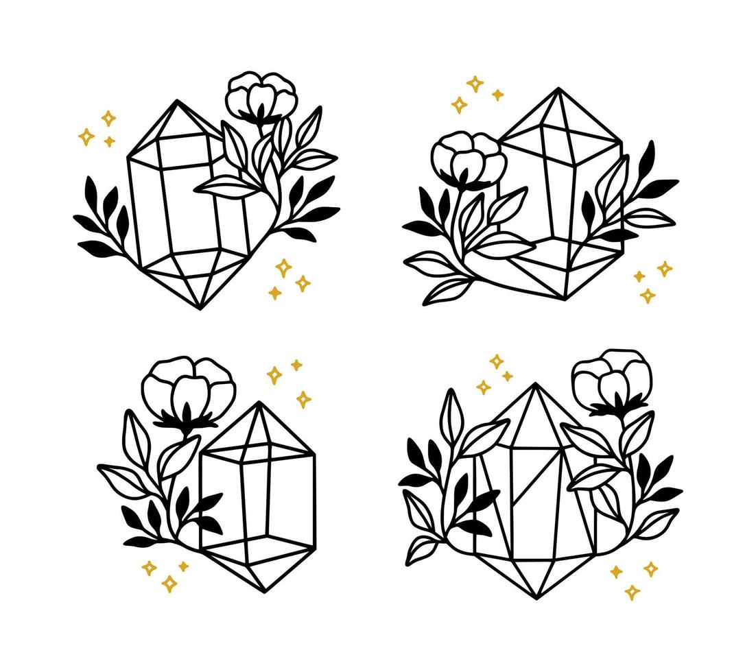 Set of hand drawn magical crystal elements with rose flower, leaf branch vector