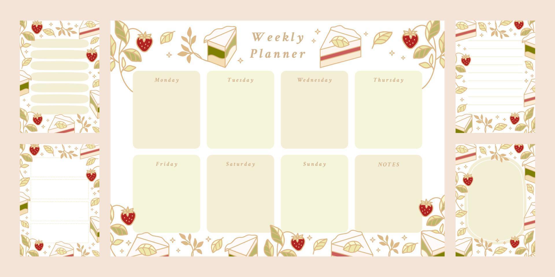 Set of weekly planner, daily to do list, notepad templates, school scheduler with hand drawn cake, floral, and strawberry elements vector