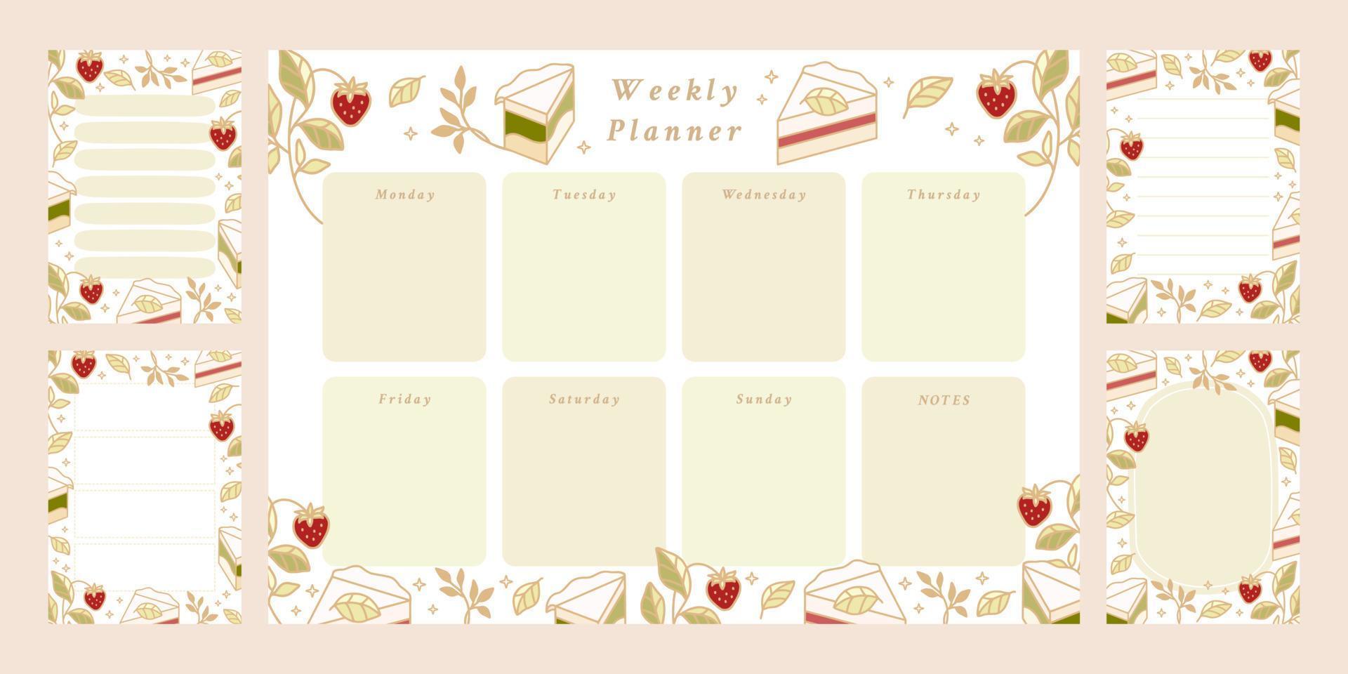 conjunto de planificador semanal, lista de tareas diarias, plantillas de bloc de notas, planificador escolar con elementos de pastel, florales y fresas dibujados a mano vector