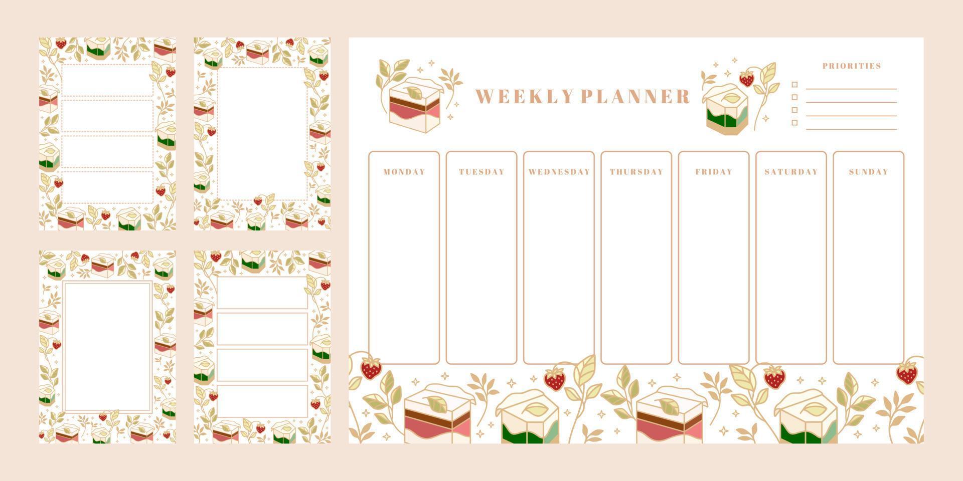 conjunto de planificador semanal, lista de tareas diarias, plantillas de bloc de notas, planificador escolar con elementos de pastel, florales y fresas dibujados a mano vector