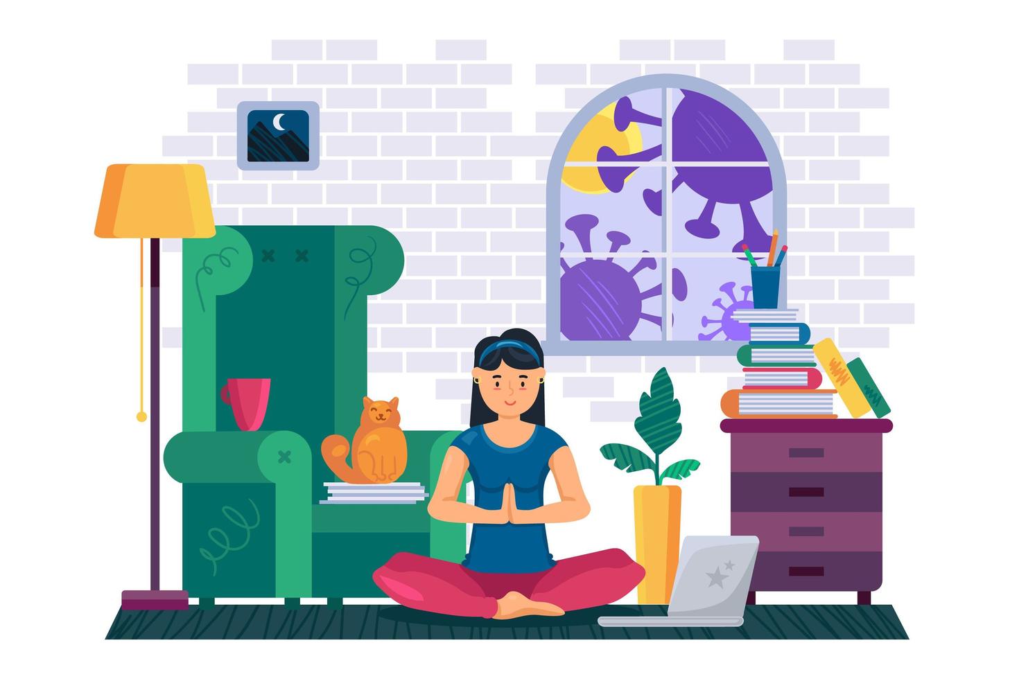 Stay at home while corona virus infection pandemic and do yoga vector