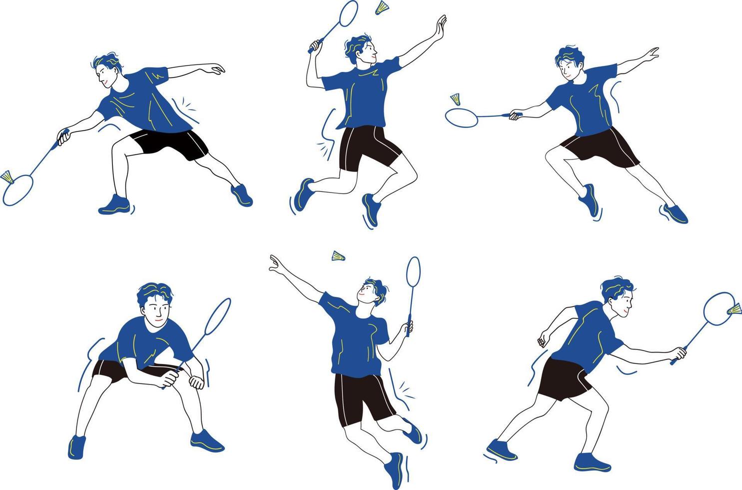 bádminton, hombre, jugador, macho, ilustración, vector, conjunto vector