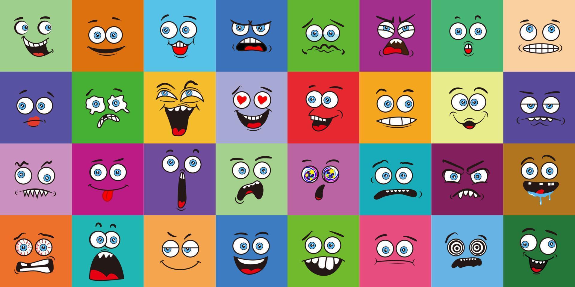 Ojos y boca expresivos, sonriendo, llorando y personajes sorprendidos, expresiones faciales, conjunto de emoji de dibujos animados vector premium