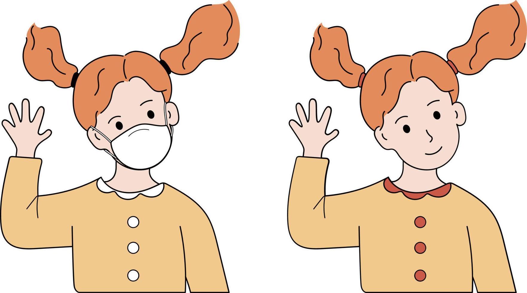 children with protection mask raising hand vector