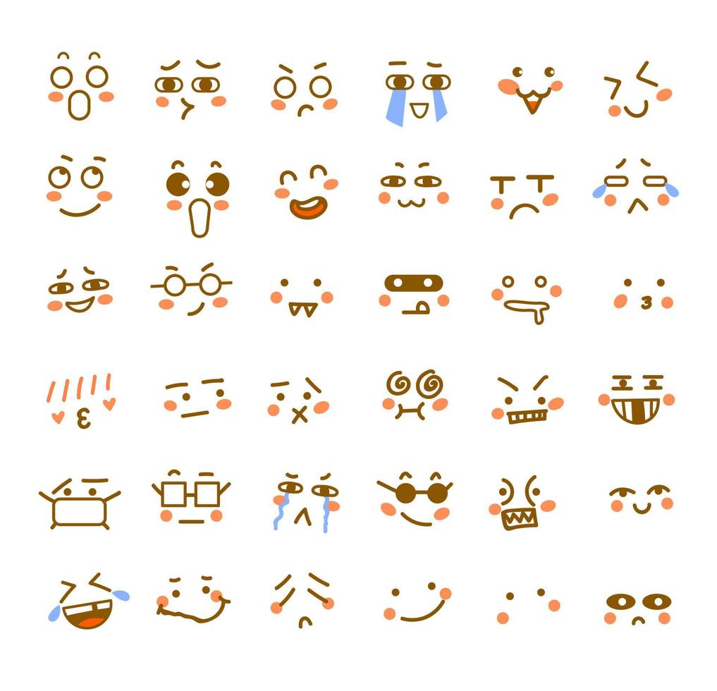 Expressive eyes and mouth, smiling, crying and surprised character face expressions Cartoon emoji set Premium Vector