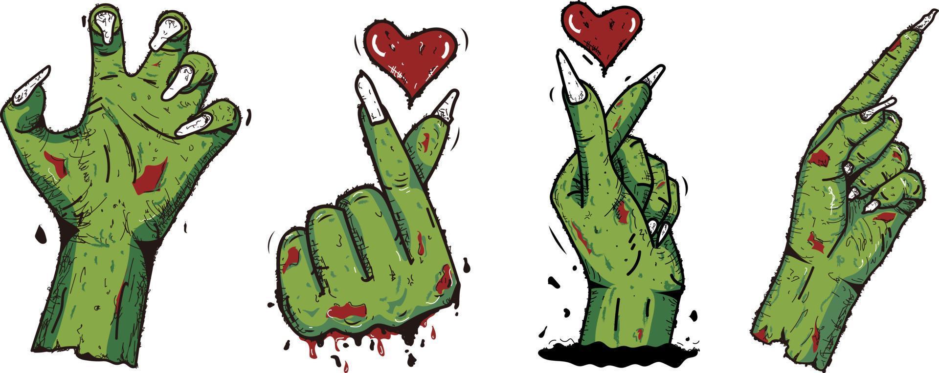 mano de zombie de halloween, corazón de dedo de zombie vector