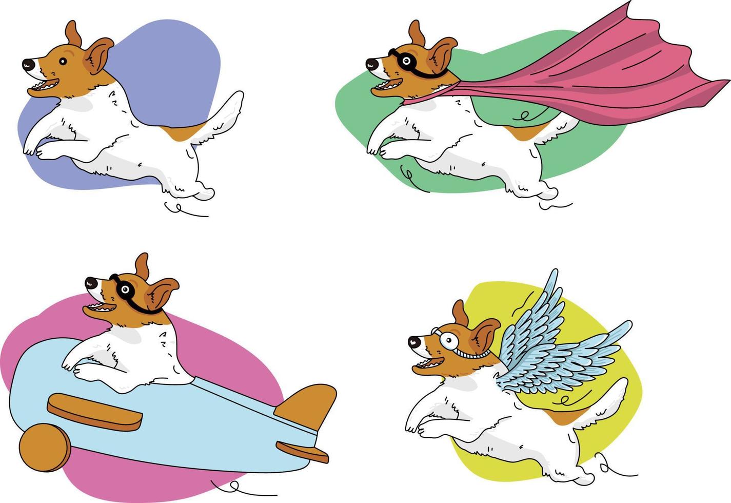 hand drawn flying cartoon Jack Russell Terrier Dog set vector