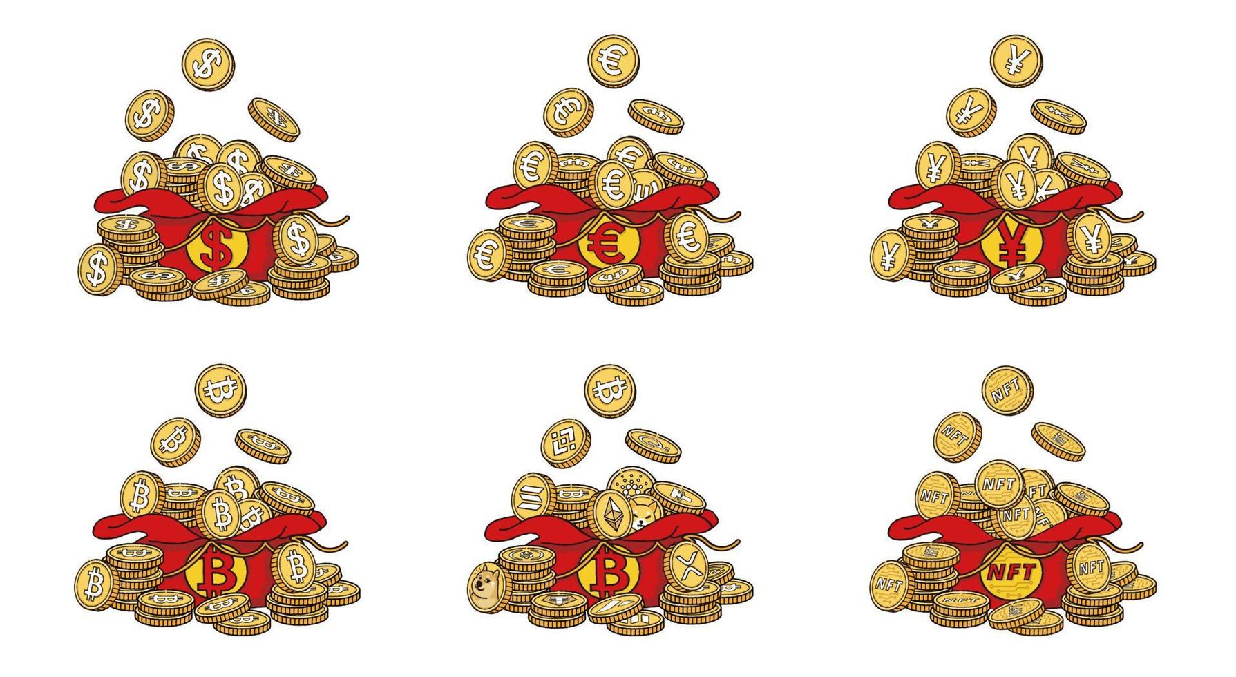Pile of Coins in Money bag with dollor, Eur ,bitcoin, Nft, Japanese Yen Sign vector