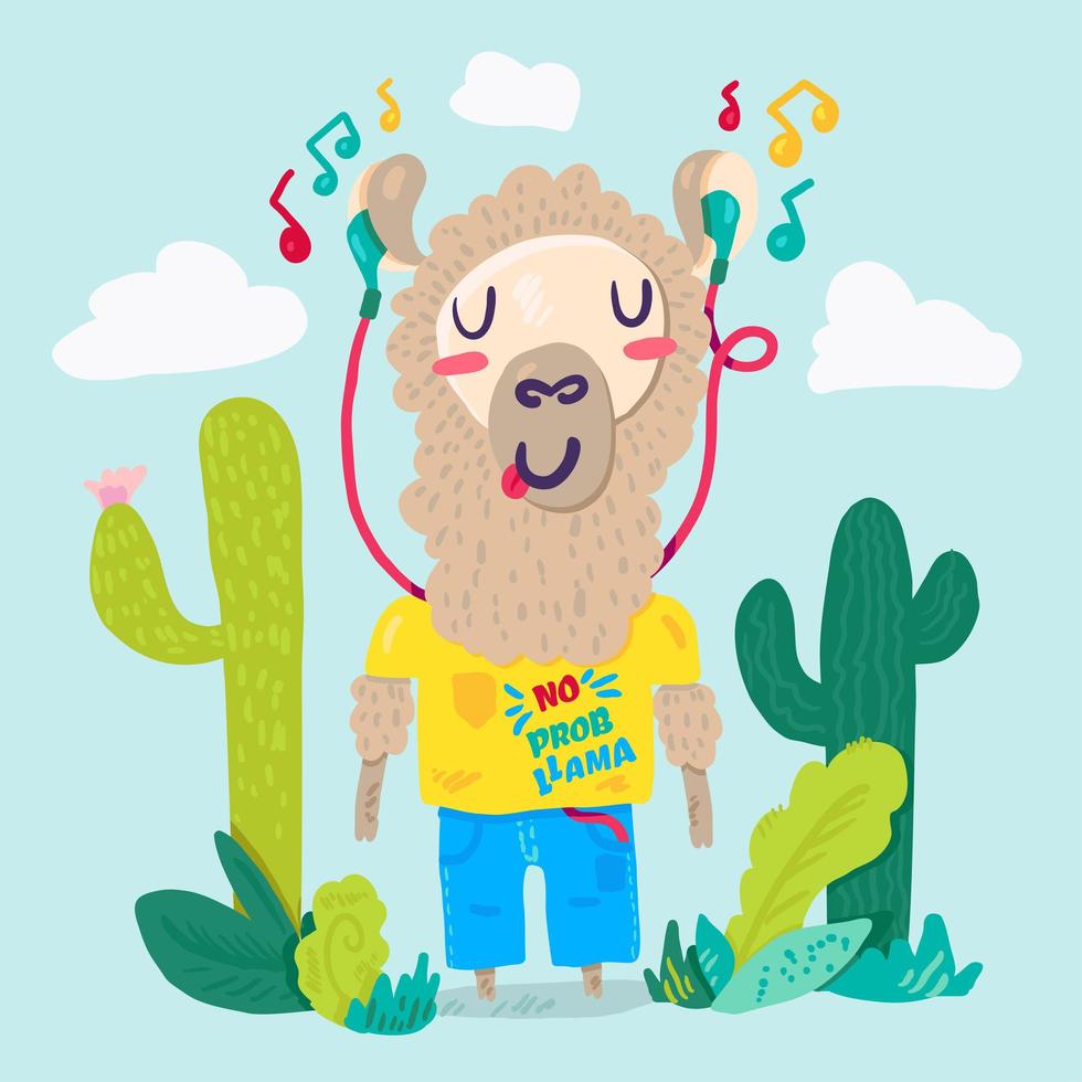 llama en auriculares personaje de dibujos animados plana vector