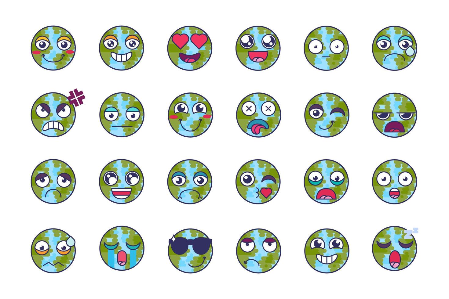 planeta, globo, emoji, estado de ánimo, y, expresión, conjunto, vector