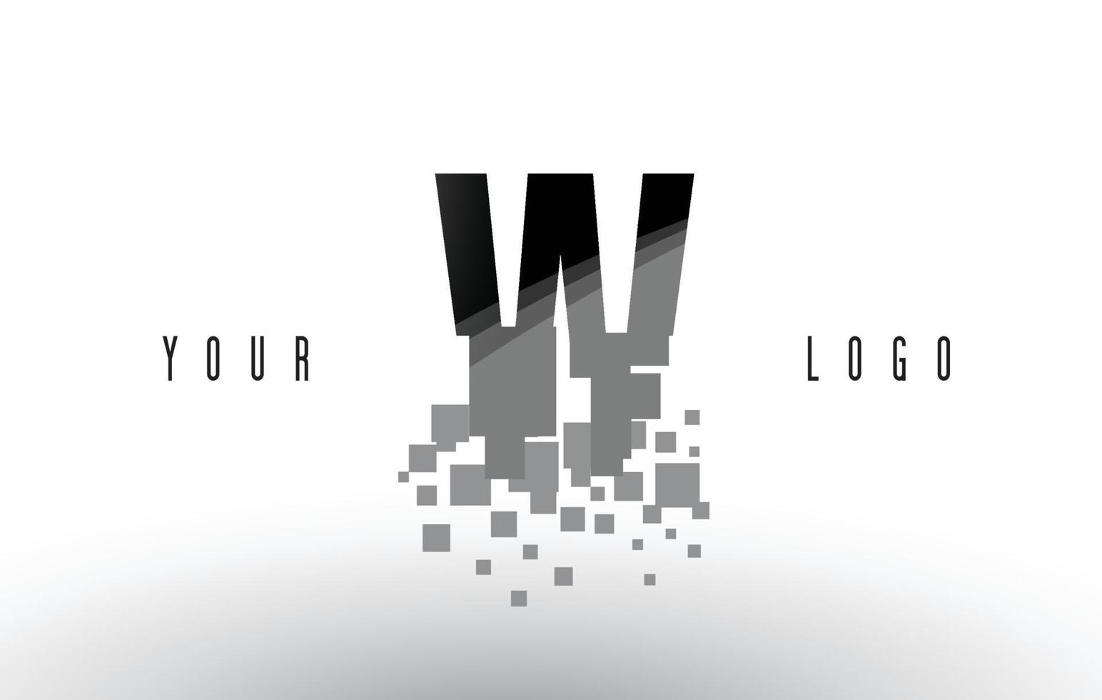 Logotipo de letra w pixel con cuadrados negros rotos digitales vector