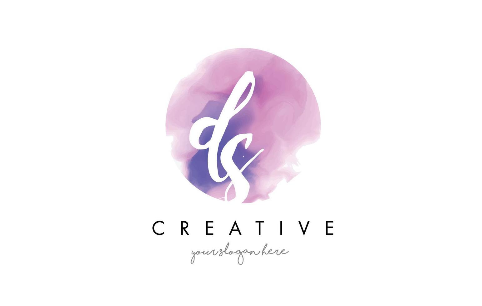 DS Watercolor Letter Logo Design with Purple Brush Stroke. vector