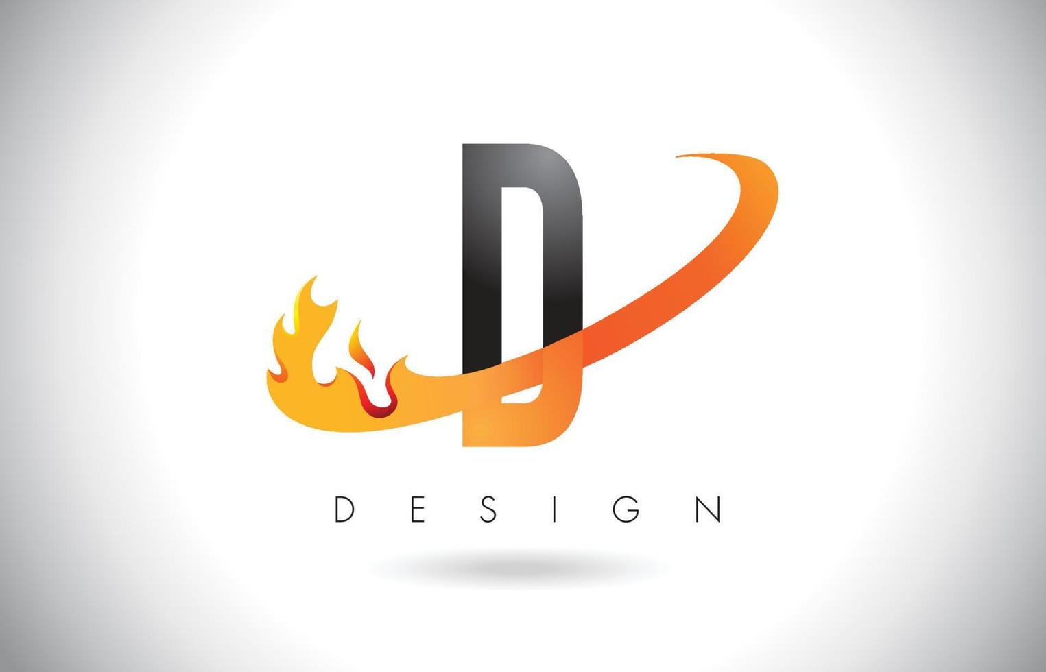 Logo de letra D con diseño de llamas de fuego y swoosh naranja. vector