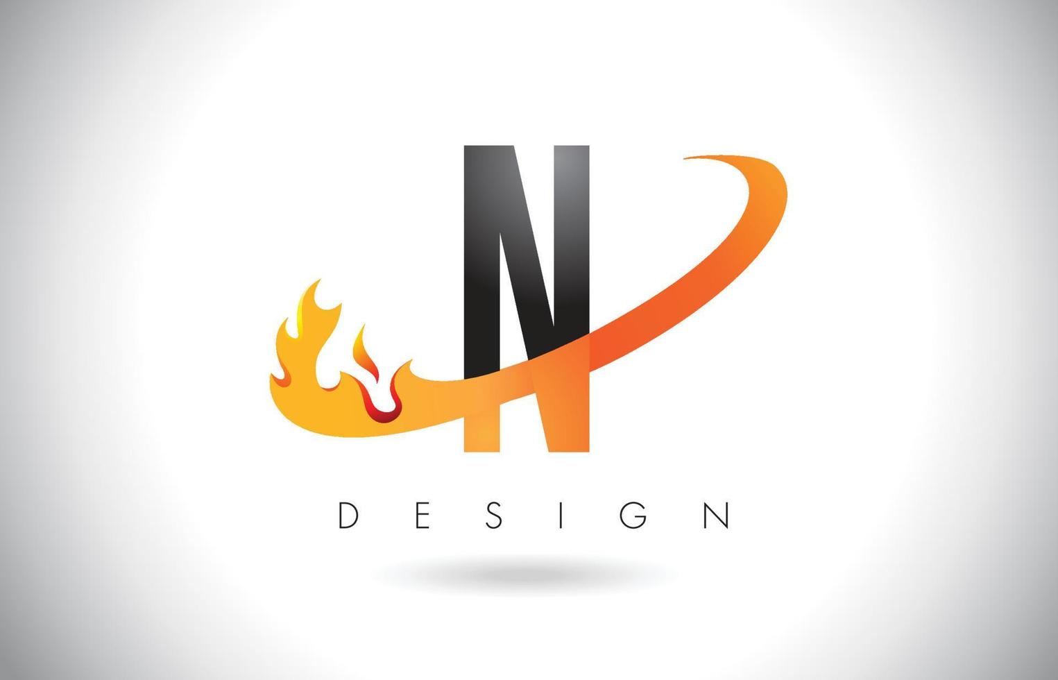 Logo de letra n con diseño de llamas de fuego y swoosh naranja. vector