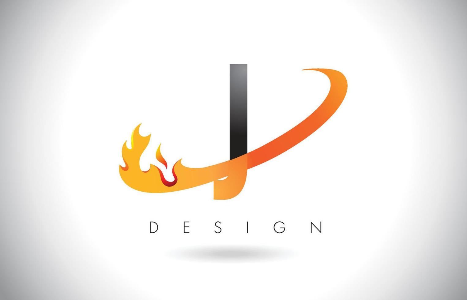 Logo de letra J con diseño de llamas de fuego y swoosh naranja. vector