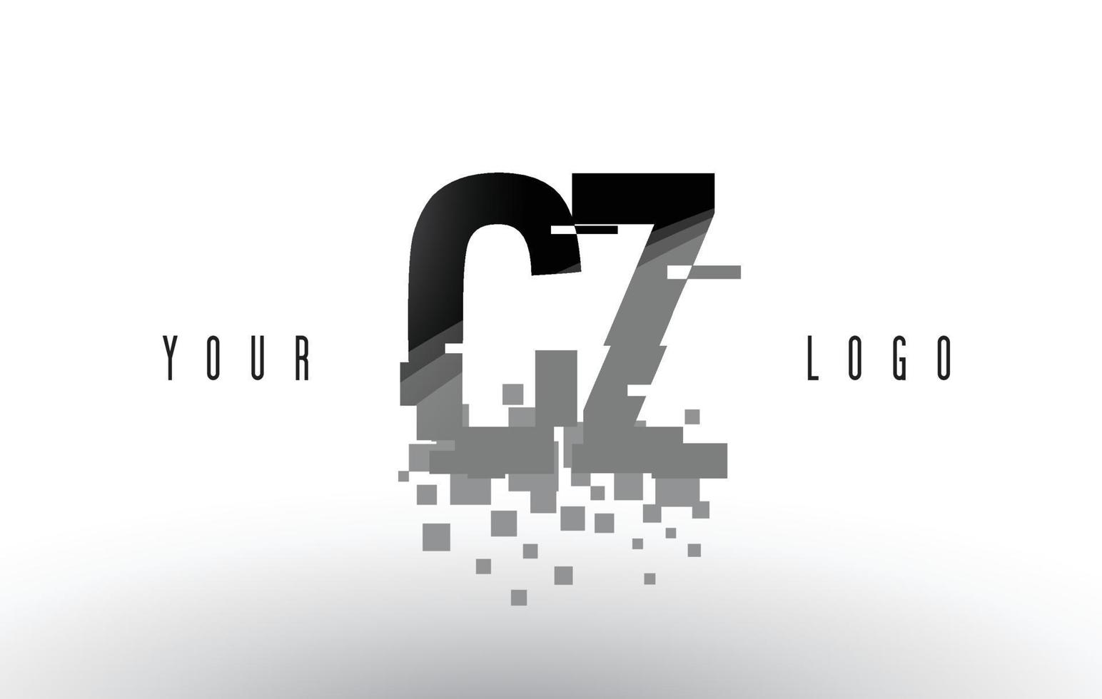 Logotipo de letra cz cz pixel con cuadrados negros rotos digitales vector