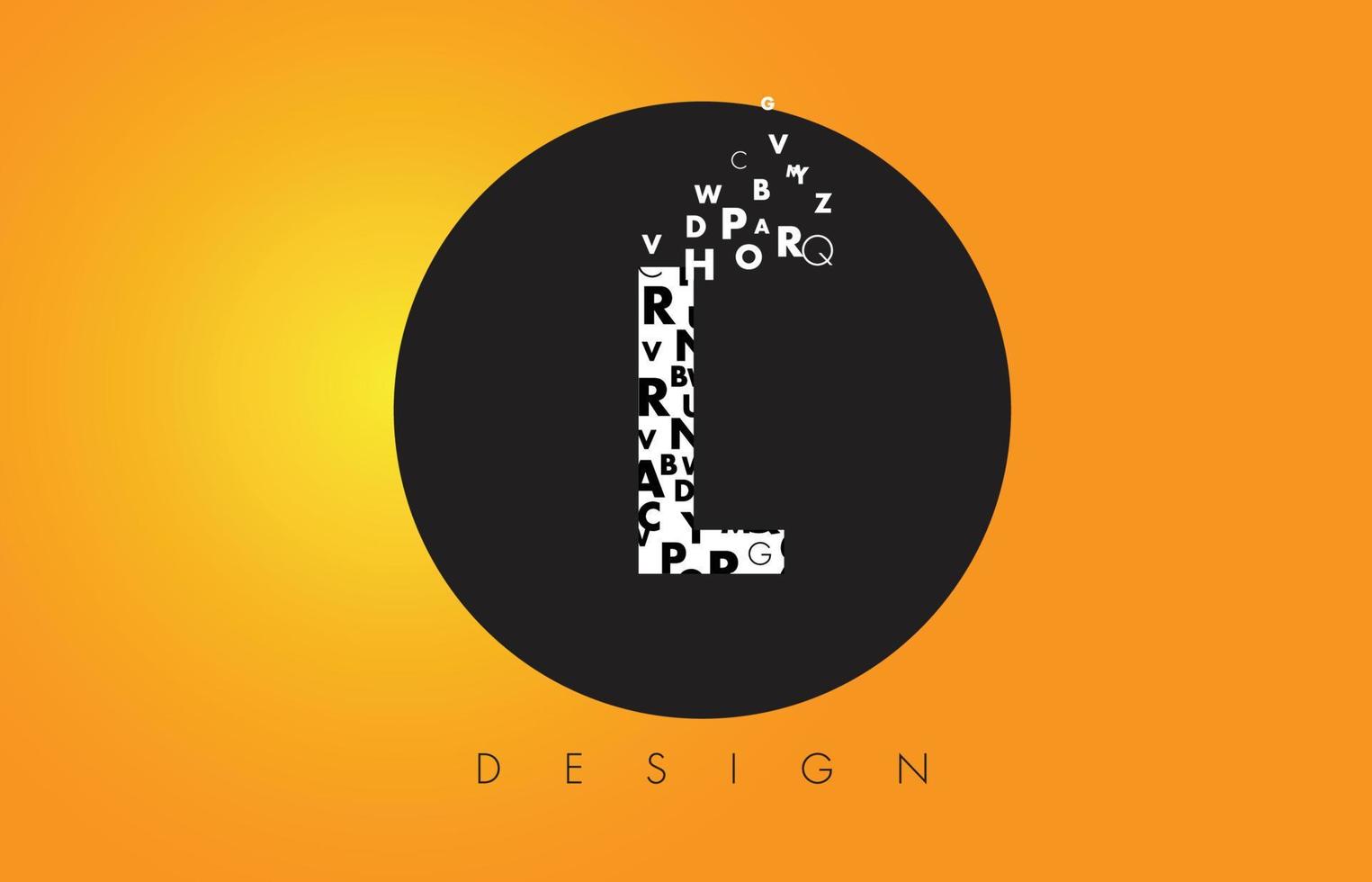 L Logo Made of Small Letters with Black Circle and Yellow Background. vector