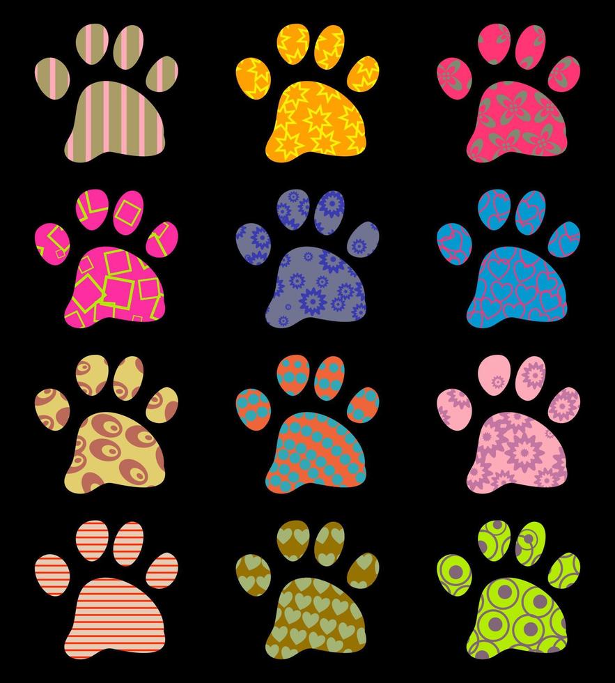 Collection of Patterned Silhouette Pet Paw Prints vector