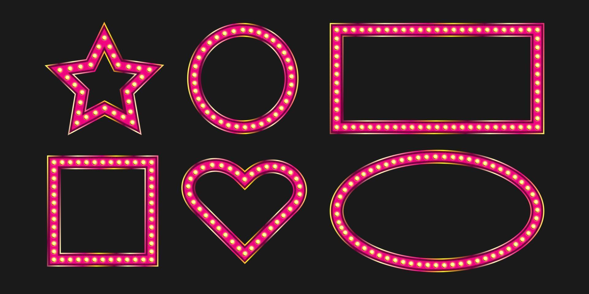 Square and oval pink frames with marquee bulb. Vintage shiny signboard with bright neon light. Warm led lit. vector