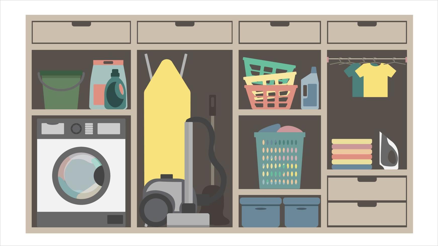 Washing machine, baskets and box organization in closet. Storeroom with boxes, vacuum cleaner and iron. vector