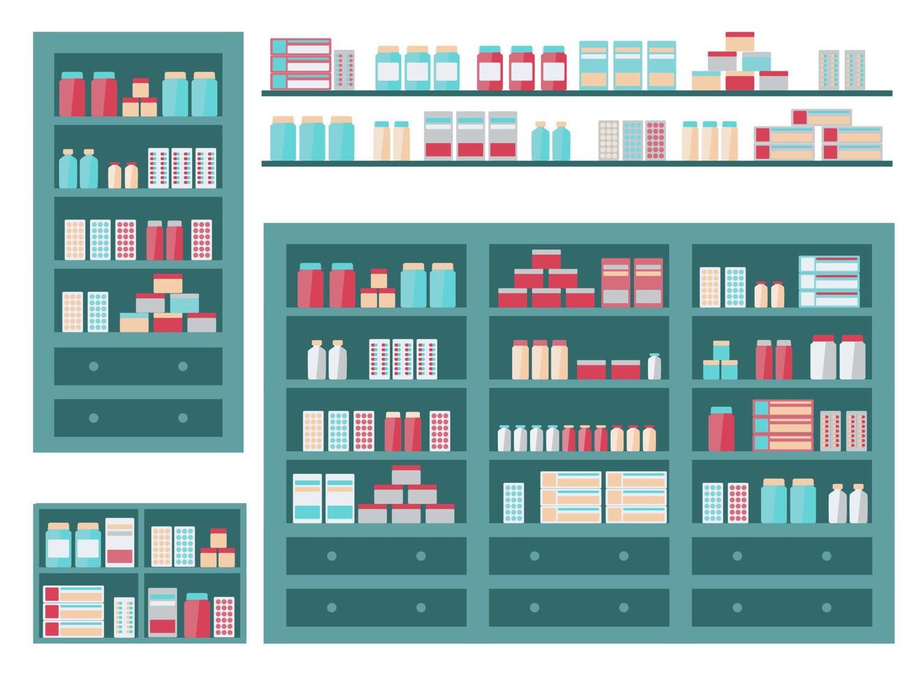 Set of shelves with medical pharmacology product. Collection with pharmacy store shelf, lotions, medicament and pill. Flat pharmacology care to buy. vector