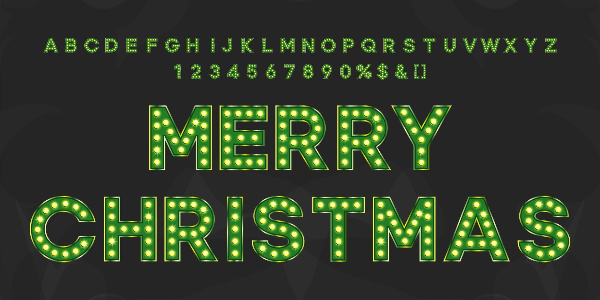 Texto vintage verde feliz Navidad 2021 con alfabeto y números. tipografía de letras de neón para letrero de fiesta o evento de club retro. vector