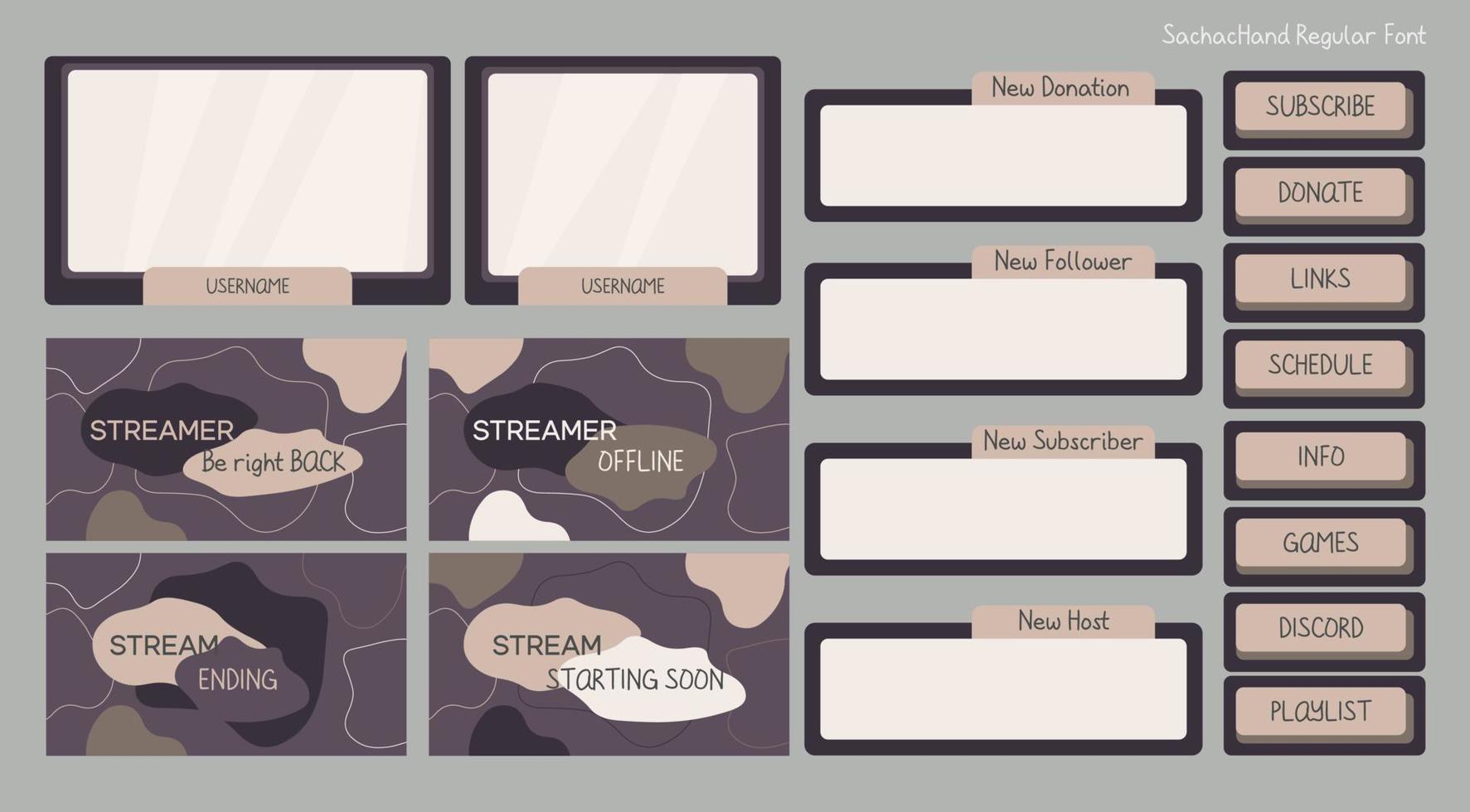 Twitch stream overlay with screen, panel, button elements in purple and brown. UI background for online cybersport player background vector