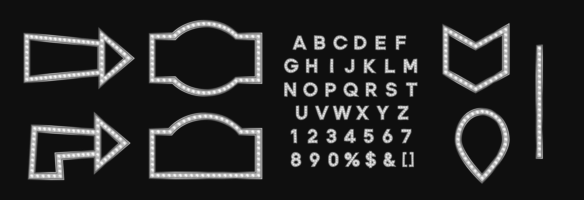 Shiny silver signboard and arrow for autumn fall sale banner. Marque gray alphabet for night club logo or event badge. vector