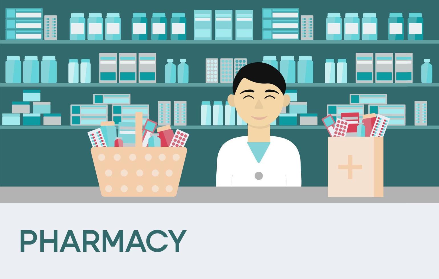 Asian man pharmacist in hospital or drugstore with box medicament to order. Pharmacy showcase with capsule, antibiotics, pill, syrup, on shelves. vector