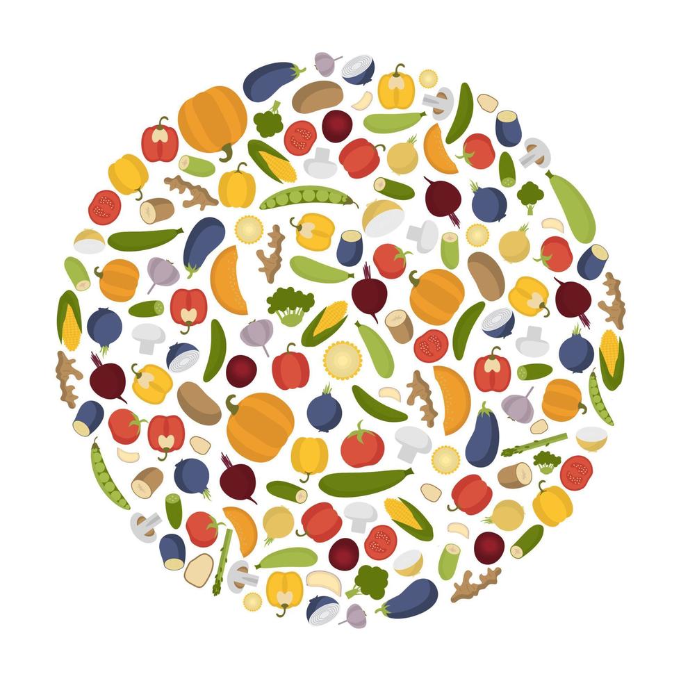 logo circular con verduras. ilustración tomate, calabaza, berenjena. conjunto aislado de ingredientes orgánicos vector