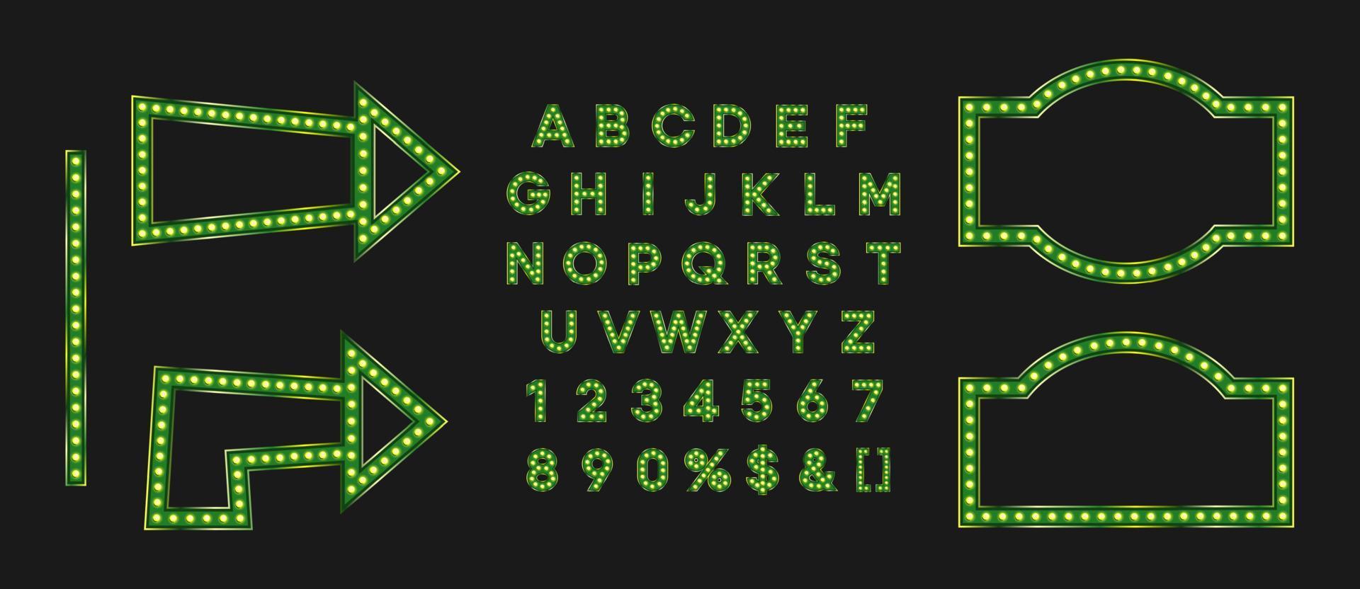 Green shiny frame and arrow for black friday sale banner or signboard. Marque alphabet for night club logo or event badge. vector