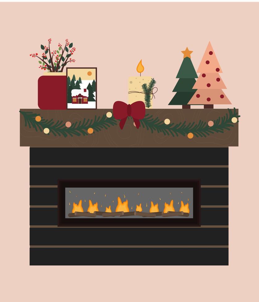 Modern indoor fireplace with wood decoration for Christmas holiday. Beautiful bonfire at home. vector