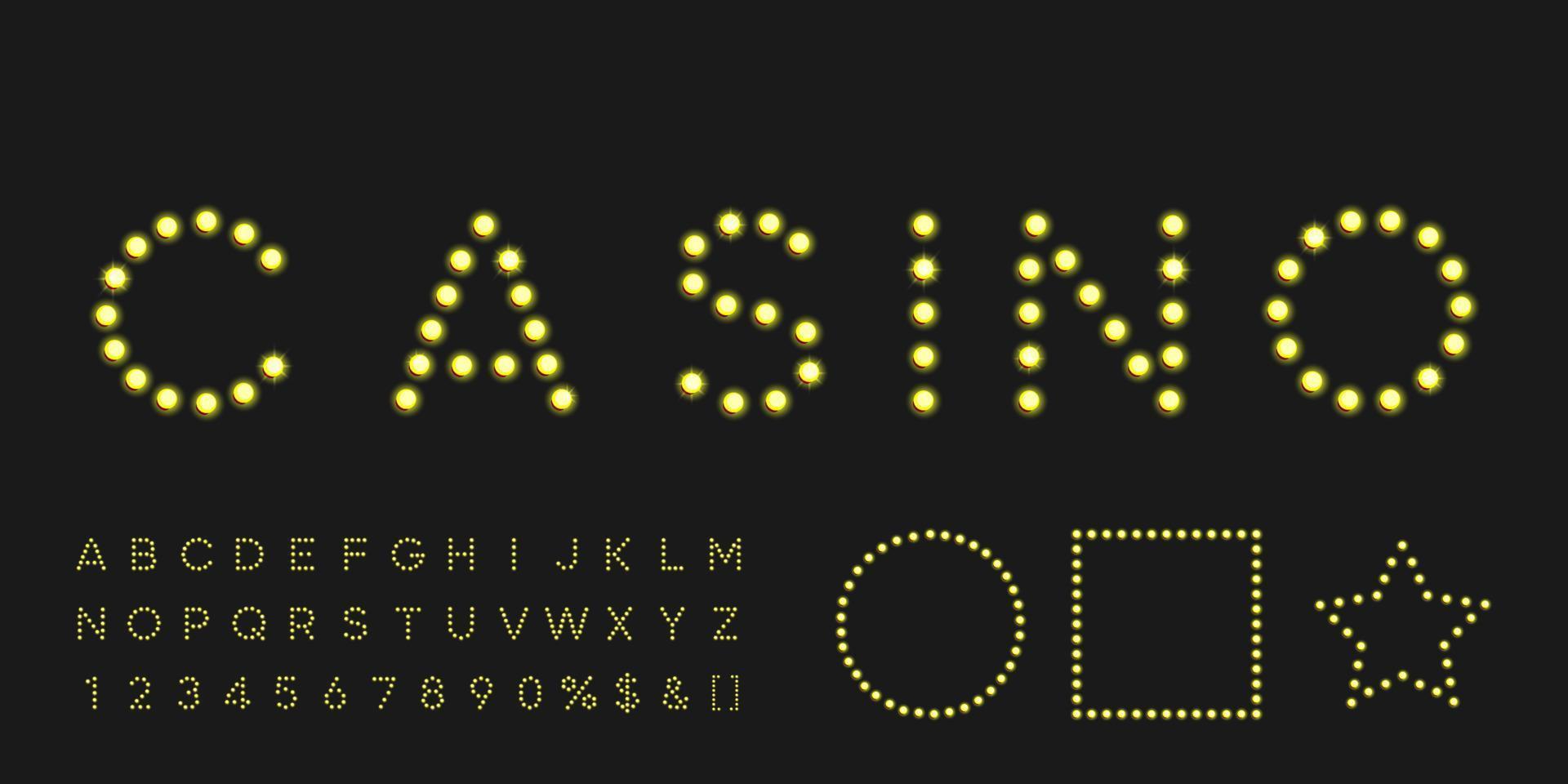 Gold shining marquee alphabet with numbers and warm light. Vintage illuminated letters for text logo or sale banner vector