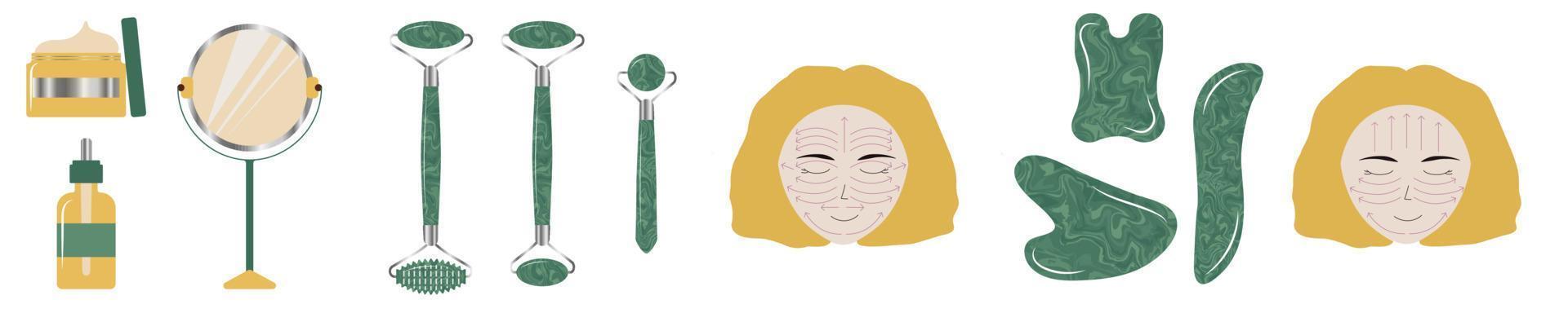 Instrucciones de masaje facial con rodillo de jade verde. juego de herramientas para el hogar, rollo y guasha para belleza y cuidado de la piel. tratamiento de energía esotérica. vector