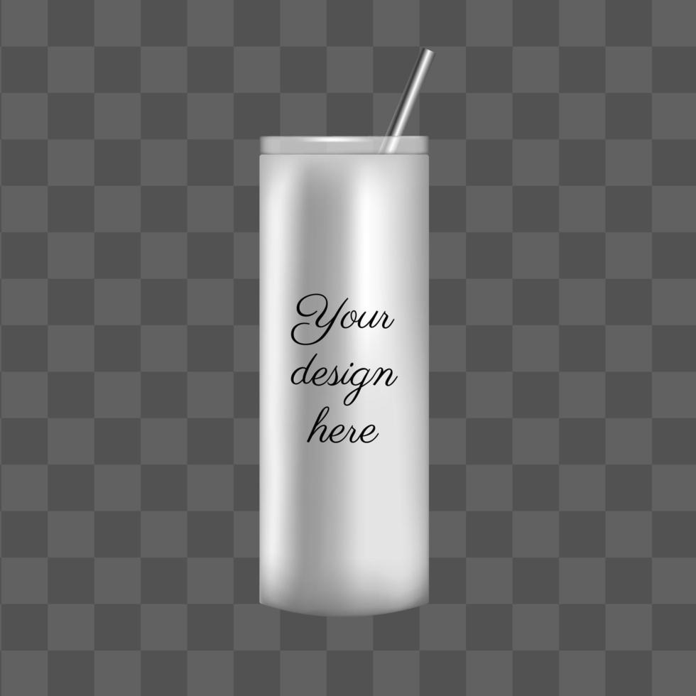 White 3d tumbler mockup template design. Silver takeaway coffee cup with steel straw. Isolated vector reusable mug