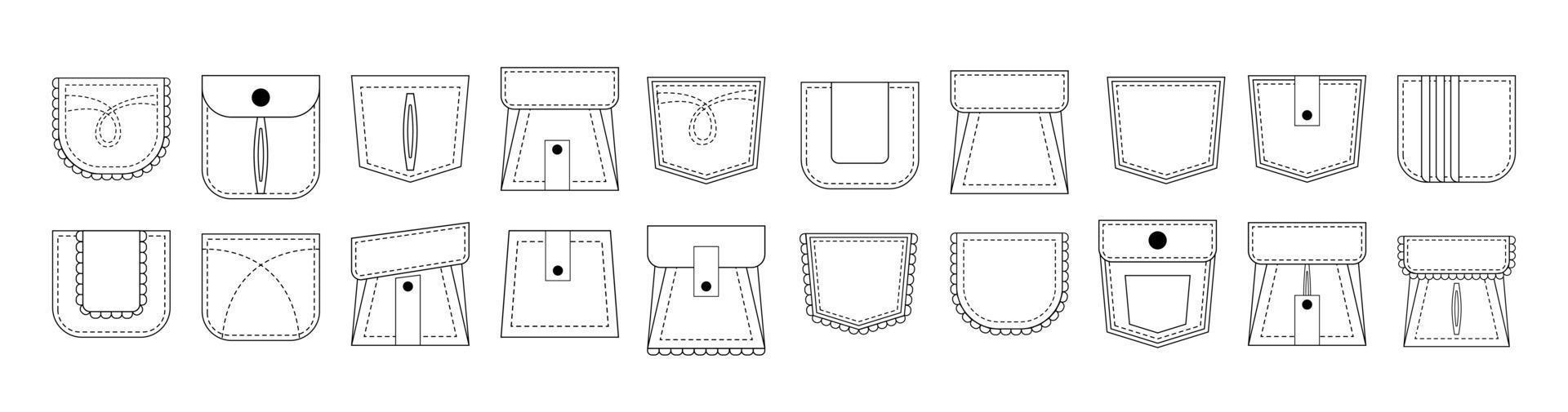 Set of isolated outline patch pockets. Technical design fashion template for casual garment. vector