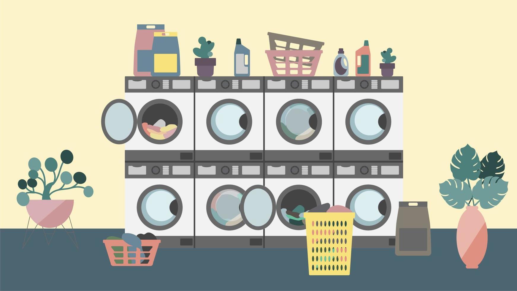 servicio de lavandería con lavadoras, cestas y detergentes vector