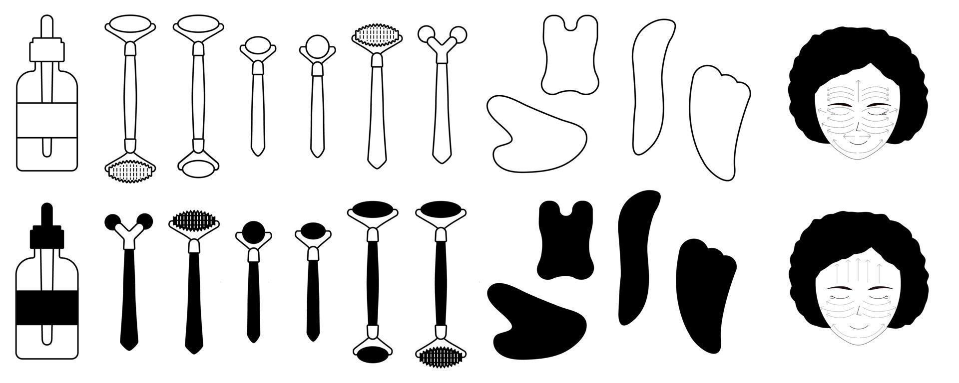 Collection of outline and simple vector icons of gua sha and jade roller tool for facial massage with oil and massage directions on a face.
