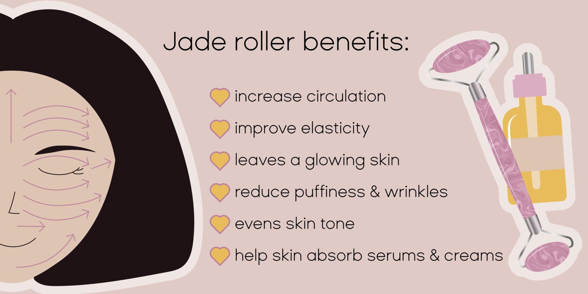 Infographic banner with jade roller facial massage exercise. Young white asian brunette face with massage directions. vector