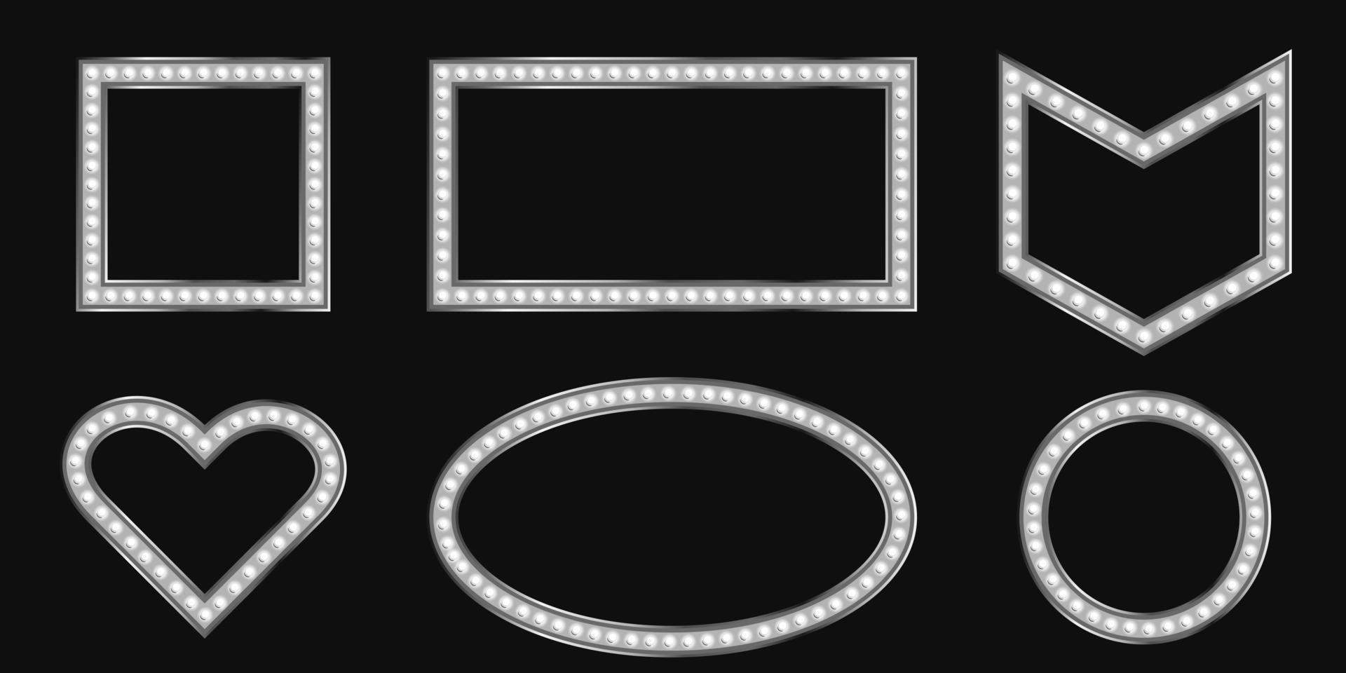 Silver square and oval frames with marquee bulb. Vintage gray shiny signboard with neon light. Cold led lit. vector