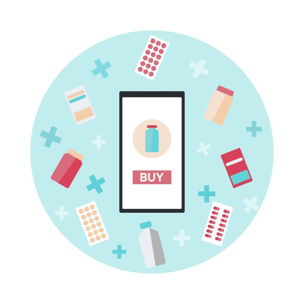 Online phone pharmacy delivery icon. Drugstore in mobile to buy antibiotics, pill, vitamin or syrup. Helthcare concept for website showcase. vector