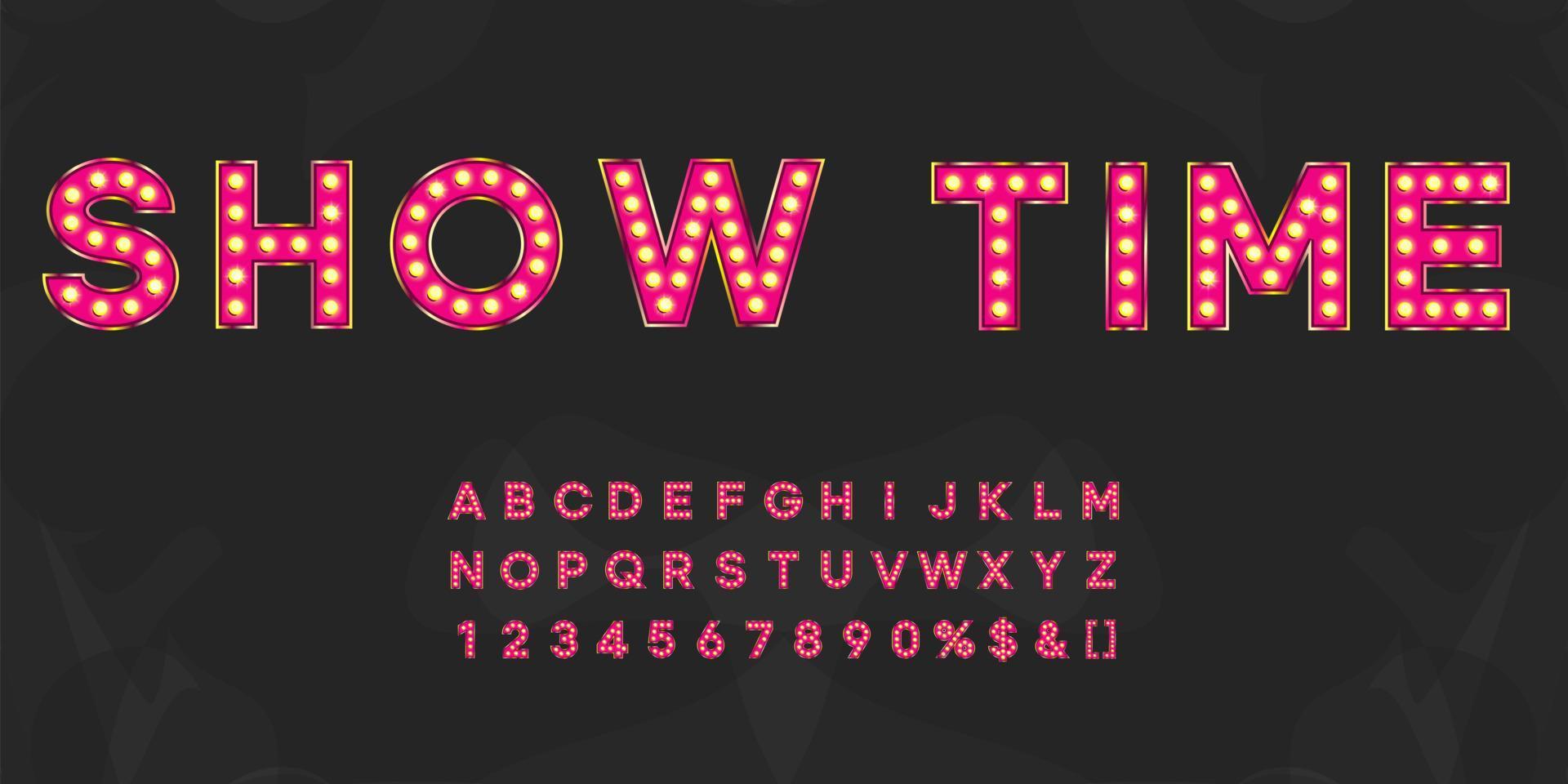 Pink show time shining marquee alphabet with numbers and warm light. Vintage illuminated letters for text logo or sale banner vector