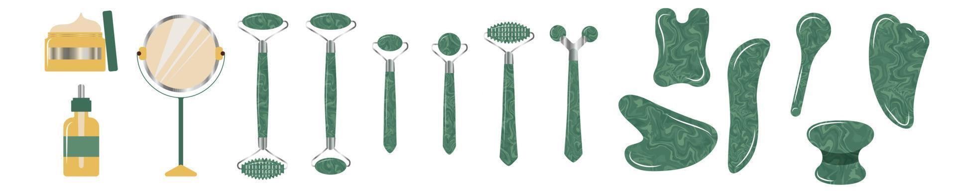 Set of green jade roller and guasha tool for facial massage and skincare. Exercise for your face for wellness with gemstones. vector