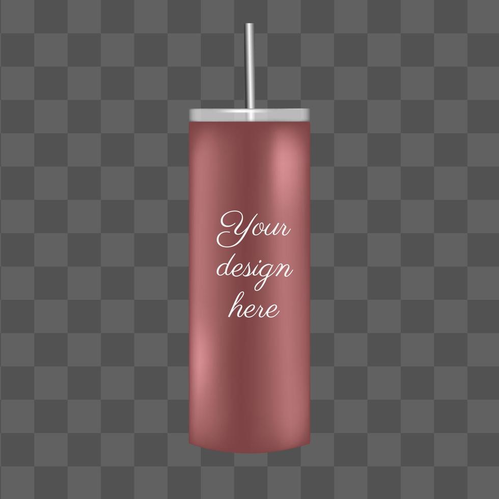 Rose gold tumbler isolated for sublimation mockup template. 3d vector object isolated. Takeaway coffee cup with straw