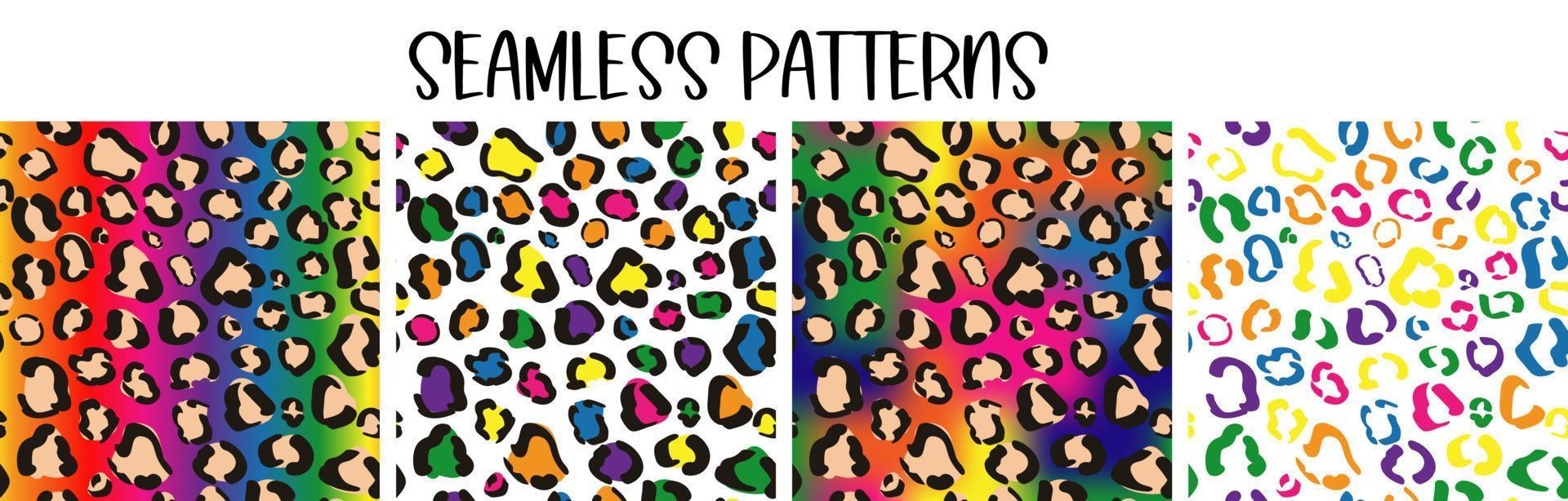 Set of rainbow seamless pattern with leopard print. Pride colorful wallpaper. Cheetah bright gradient background vector